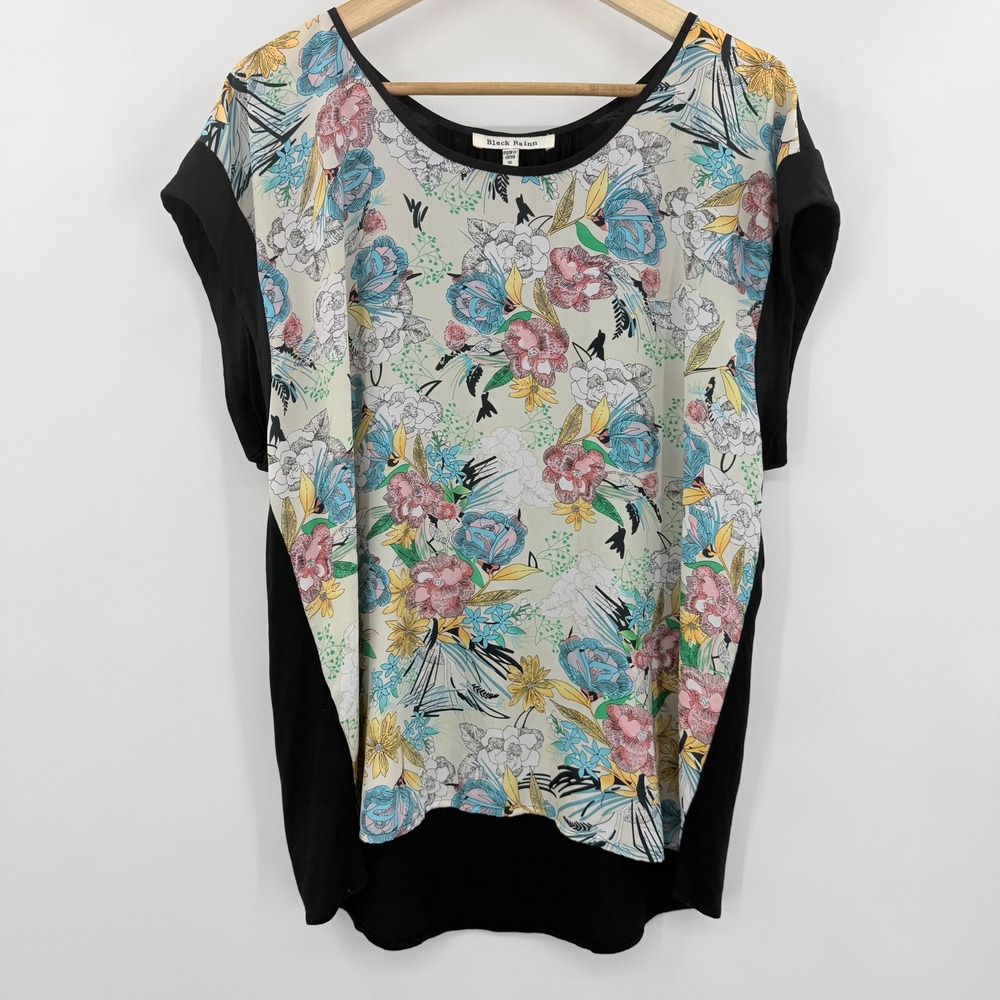 Black Rainn Womens XL Floral Mixed Media Short Sleeve Lightweight Blouse Black